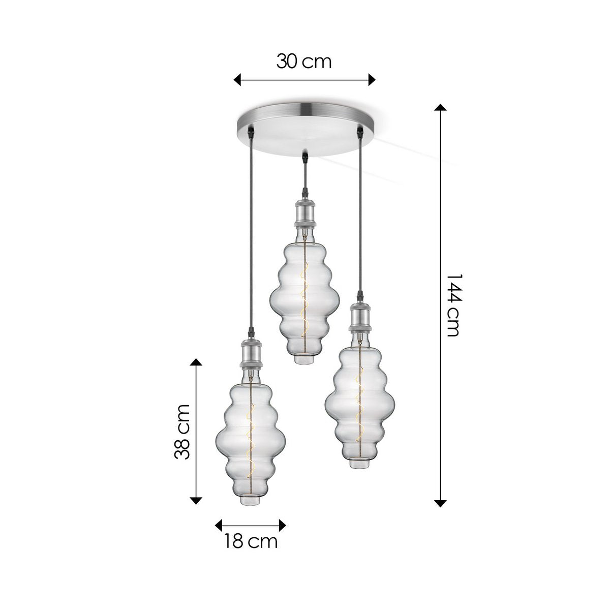Pendant lamp chrome round Cloud 3L dimmable E27 clear