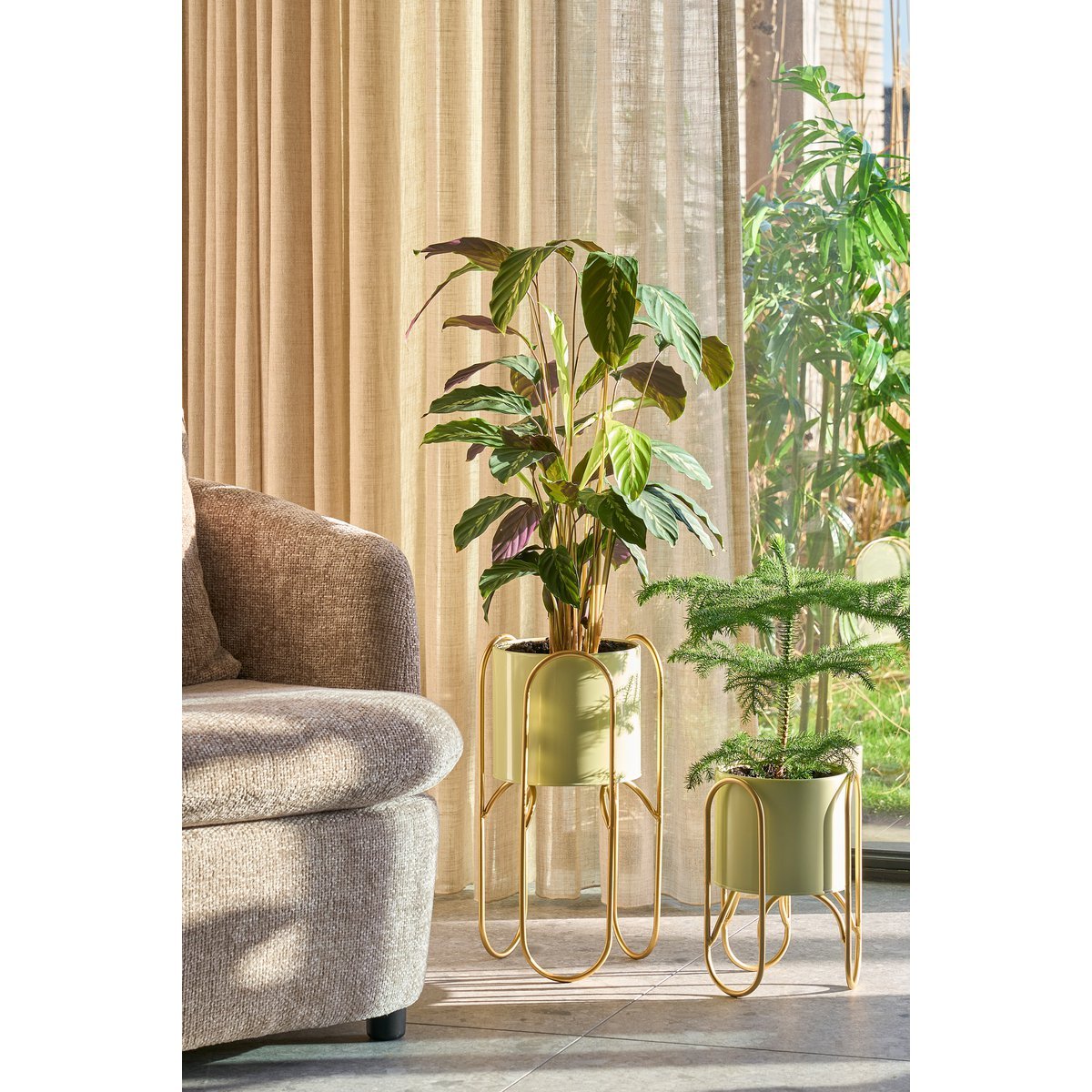 Danube Flower Pot on Stand - Set of 2 - Metal - H45 x Ø23 cm - Light Green, Gold