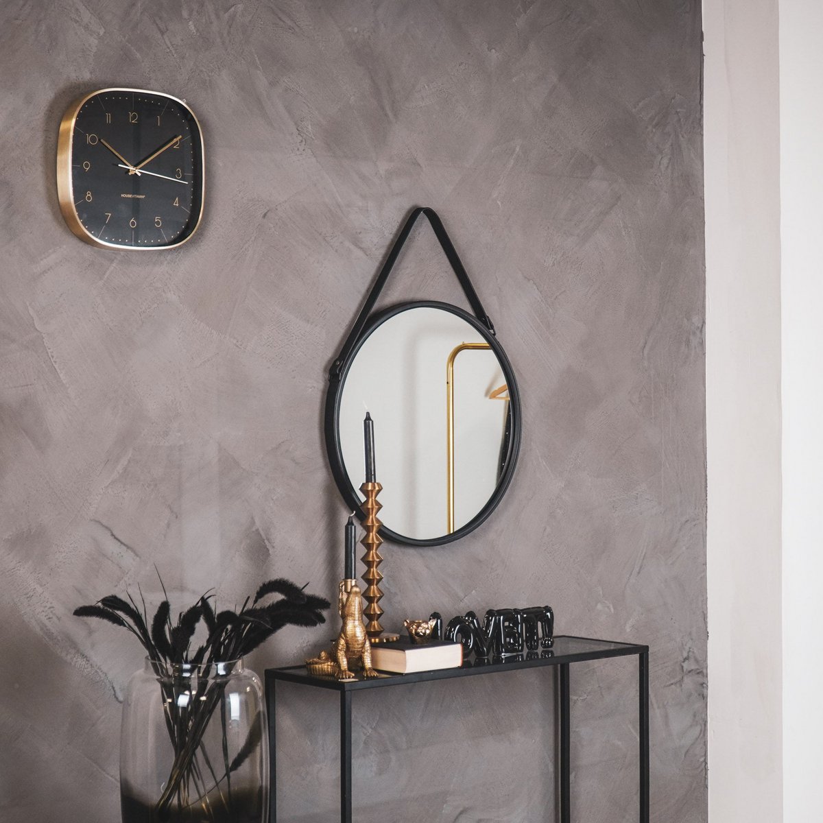 Mirror - Round Wall Mirror - Leather/Metal - Black - Ø50cm