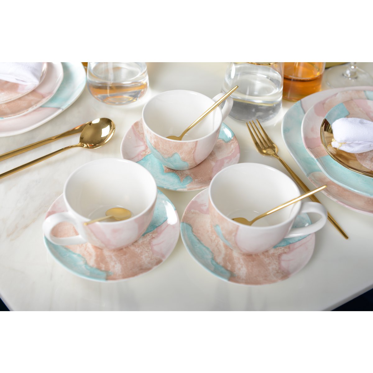 Koffiekopjes Set van 2 met Schotels | Porselein | Marmerlook |woon-meubel.nl