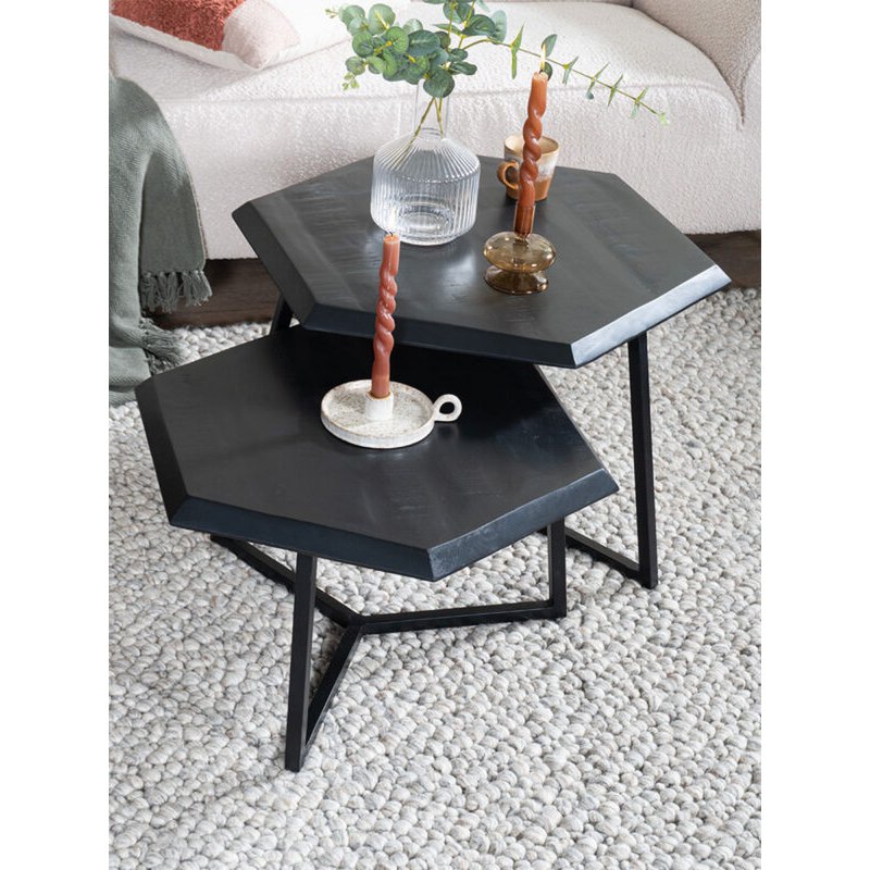 Table basse Kiara - Lot de 2 - Tables octogonales - Bois de manguier noir