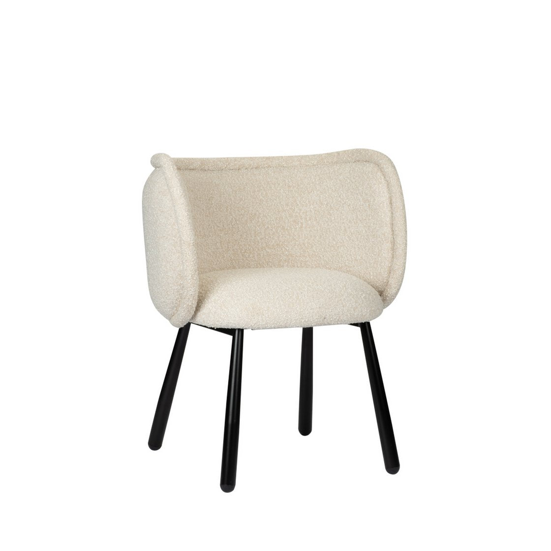 Cream upholstered chair with curved back and four black legs.