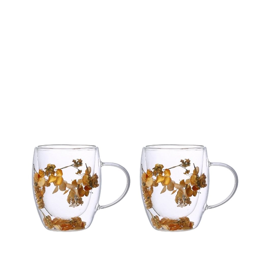 Dubbelwandige Theekopjes met Gouden Bloemen Set van 2 – 350 ml |woon-meubel.nl