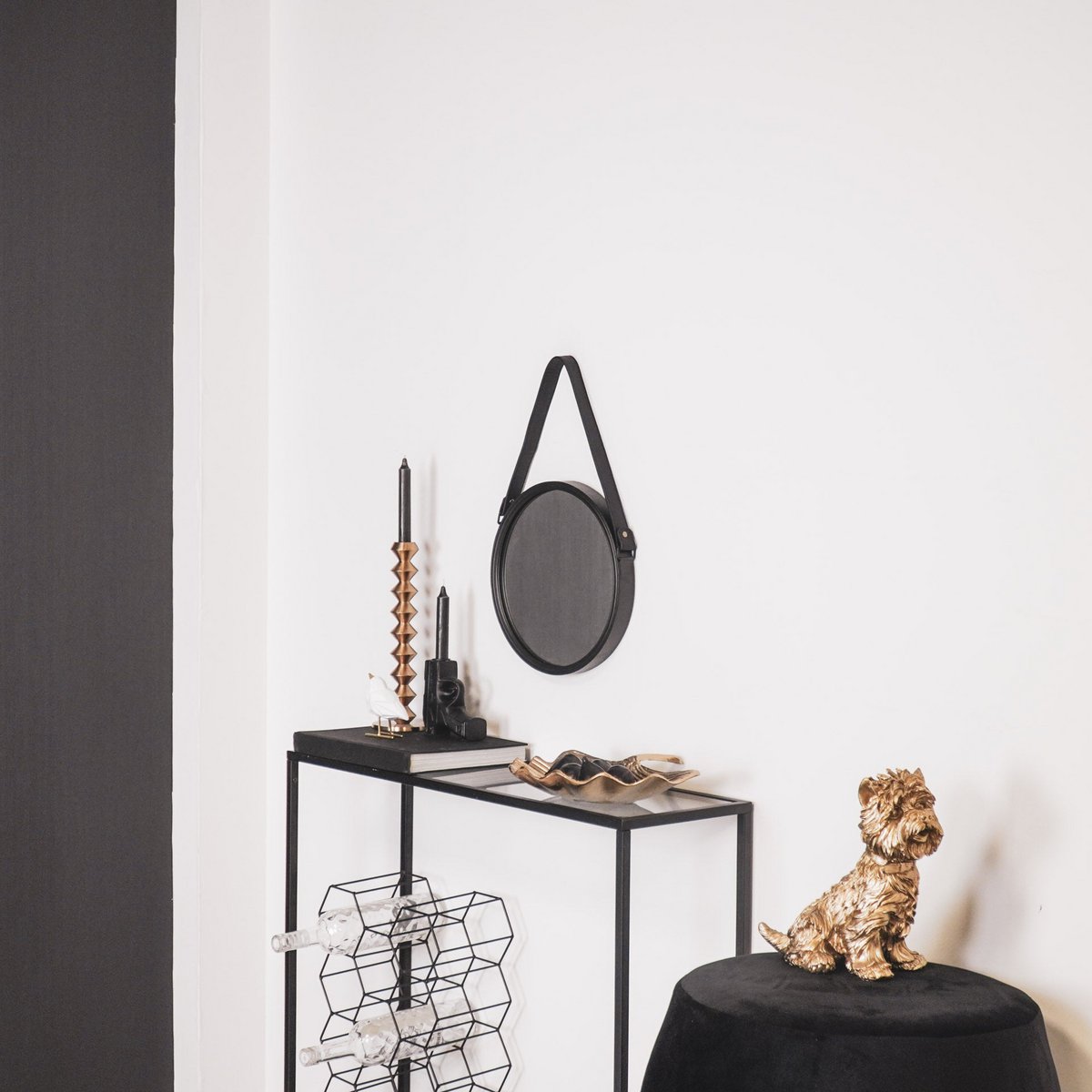 Mirror - Round Wall Mirror - Leather/Metal - Black - Ø30cm