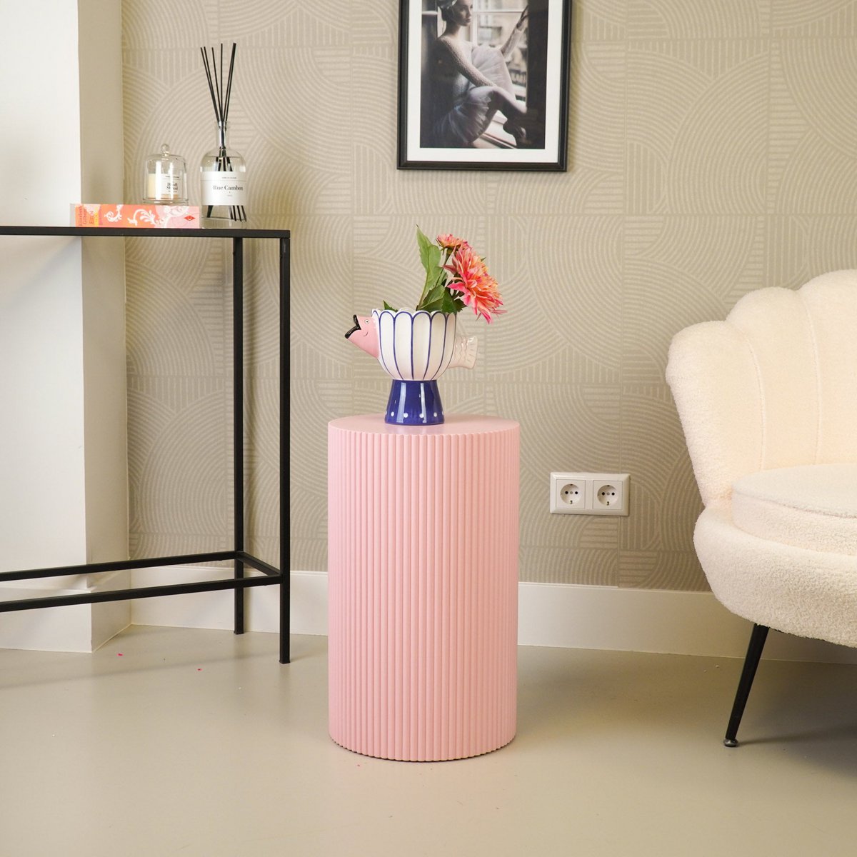 Side table/pillar - cylinder - MDF - light pink - 30x54cm