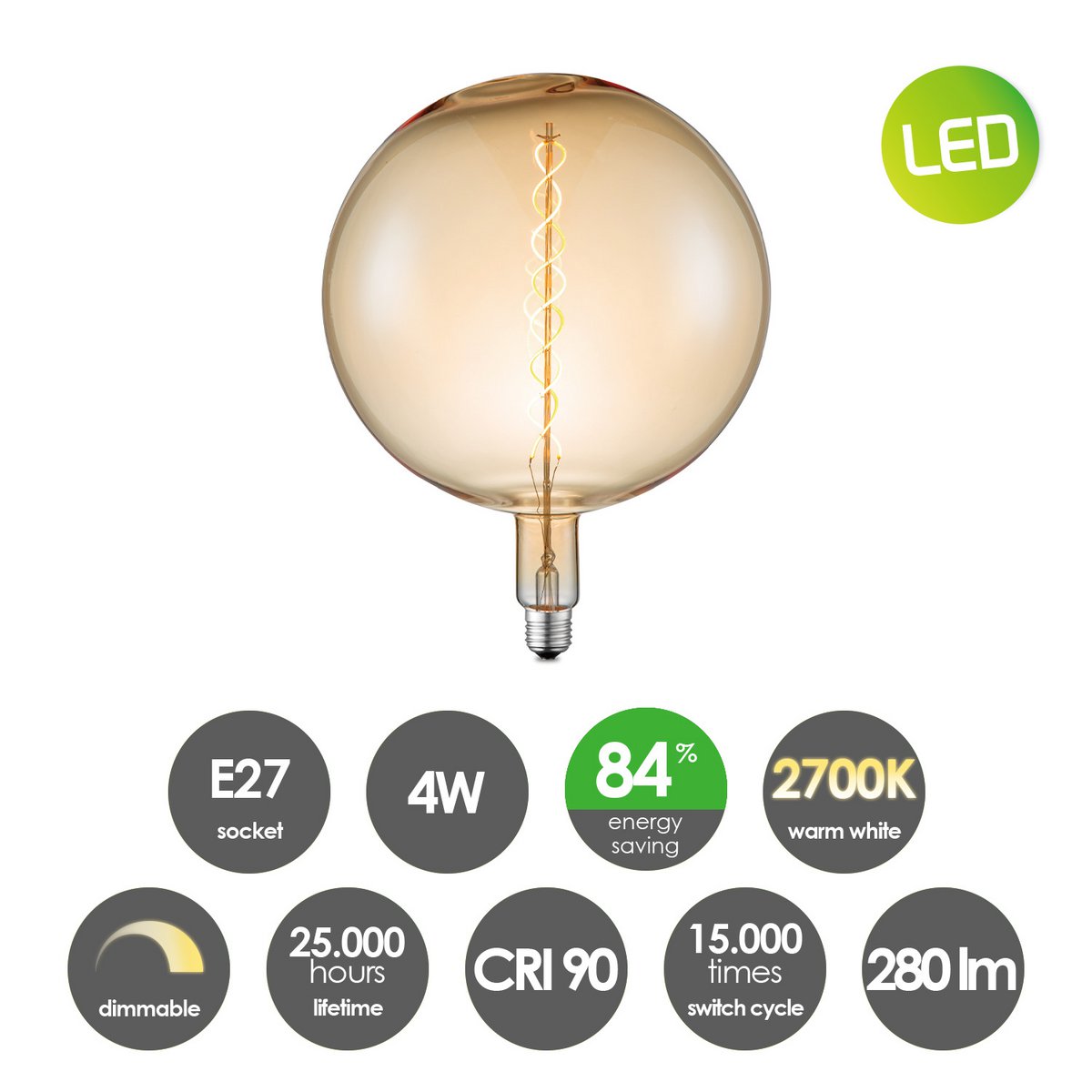 Pendant lamp vintage Globe - 3 LED -dimmable E27 amber