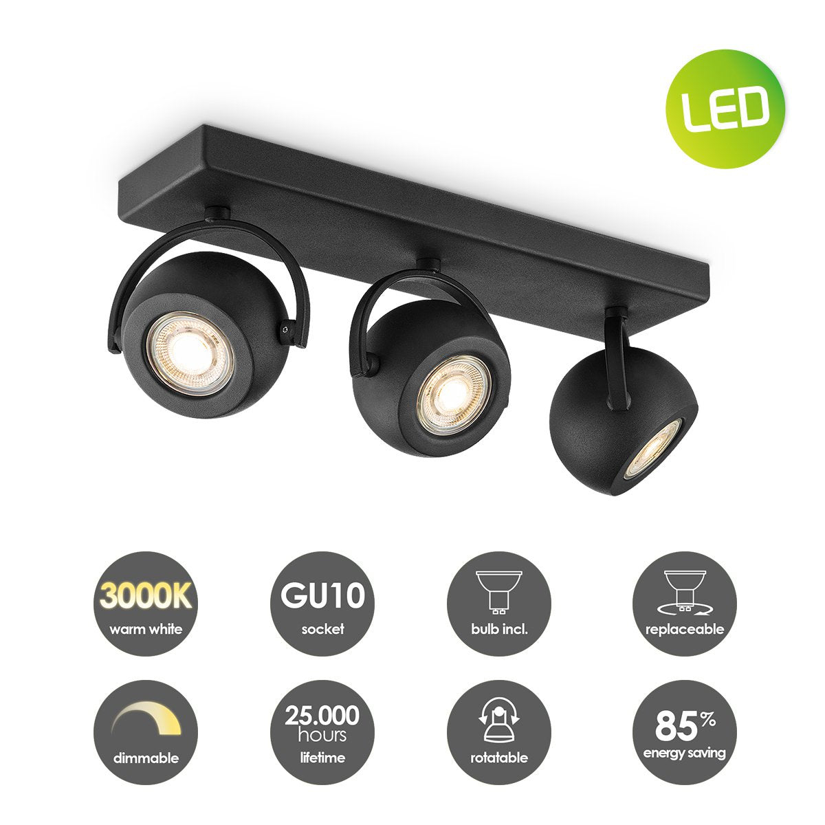 LED Surface-mounted spotlight Nop 3 - incl. dimmable LED lamp - black