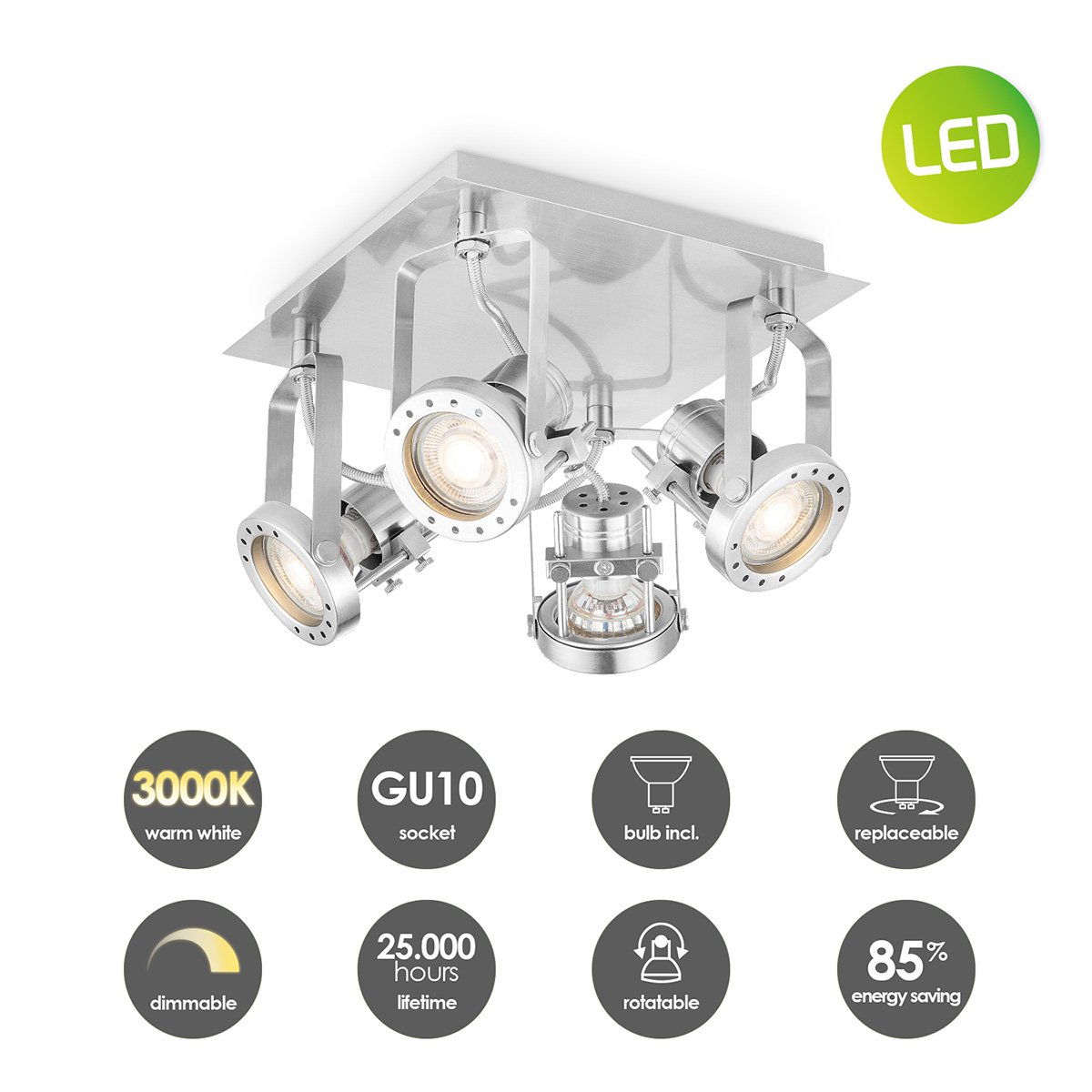 LED Surface-mounted spotlight Robo V4 - dimmable - brushed steel