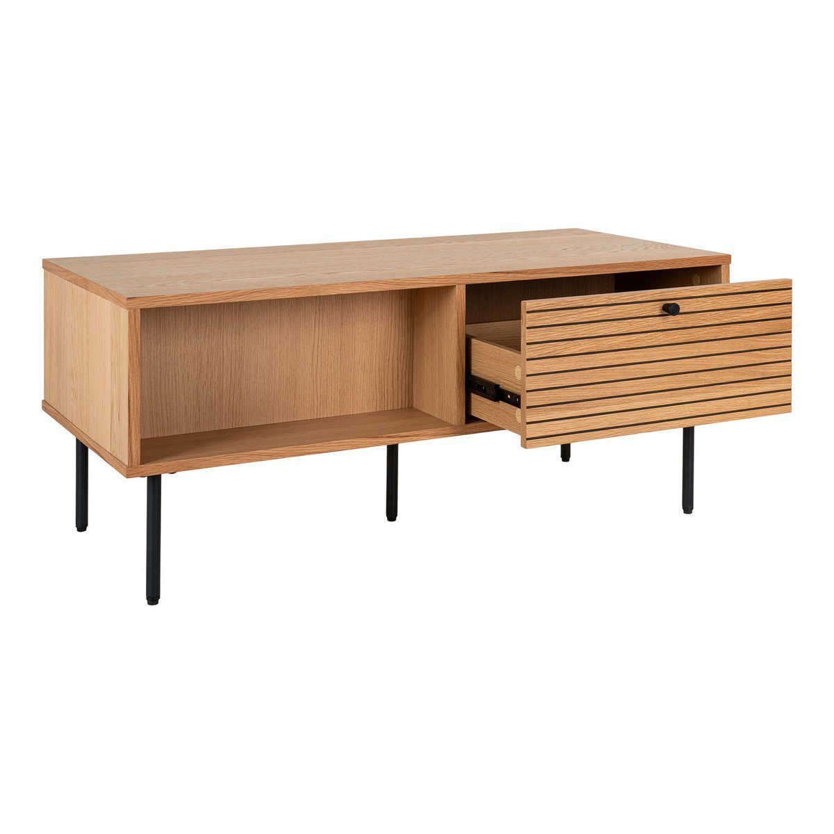 Table basse Kyoto - Table basse, placage chêne, pieds métal noir, 2 tiroirs