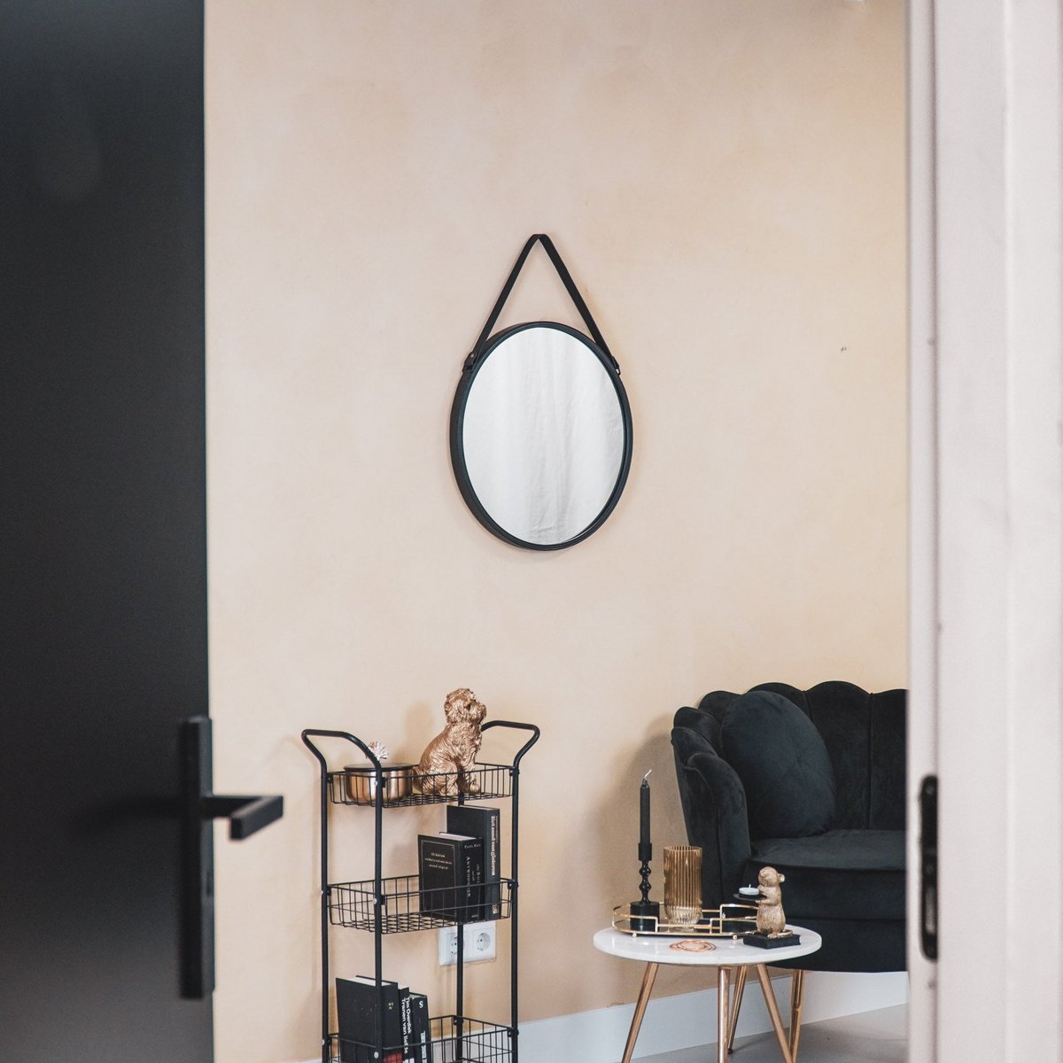 Mirror - Round Wall Mirror - Leather/Metal - Black - Ø50cm