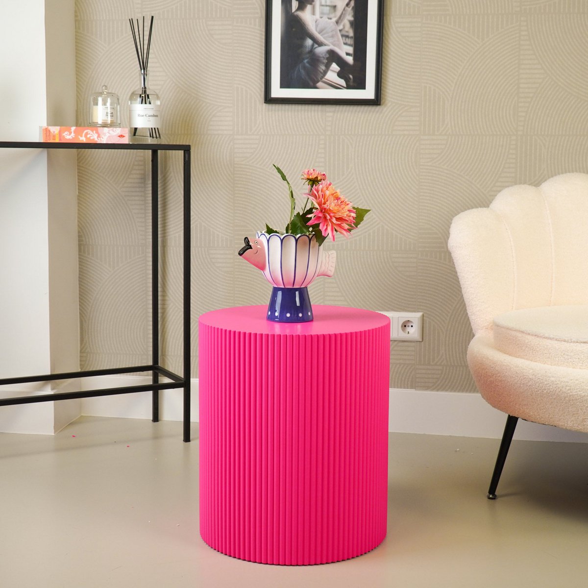 Bijzitter - cilinder- MDF - Neon roze - 39x39x45cm