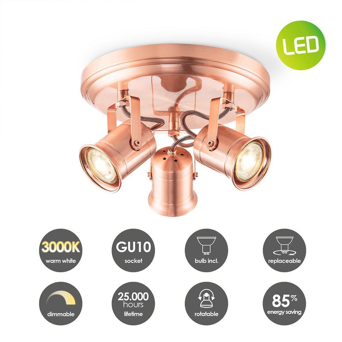 LED Surface-mounted spotlight Venn 3 - incl. dimmable LED lamp - Copper