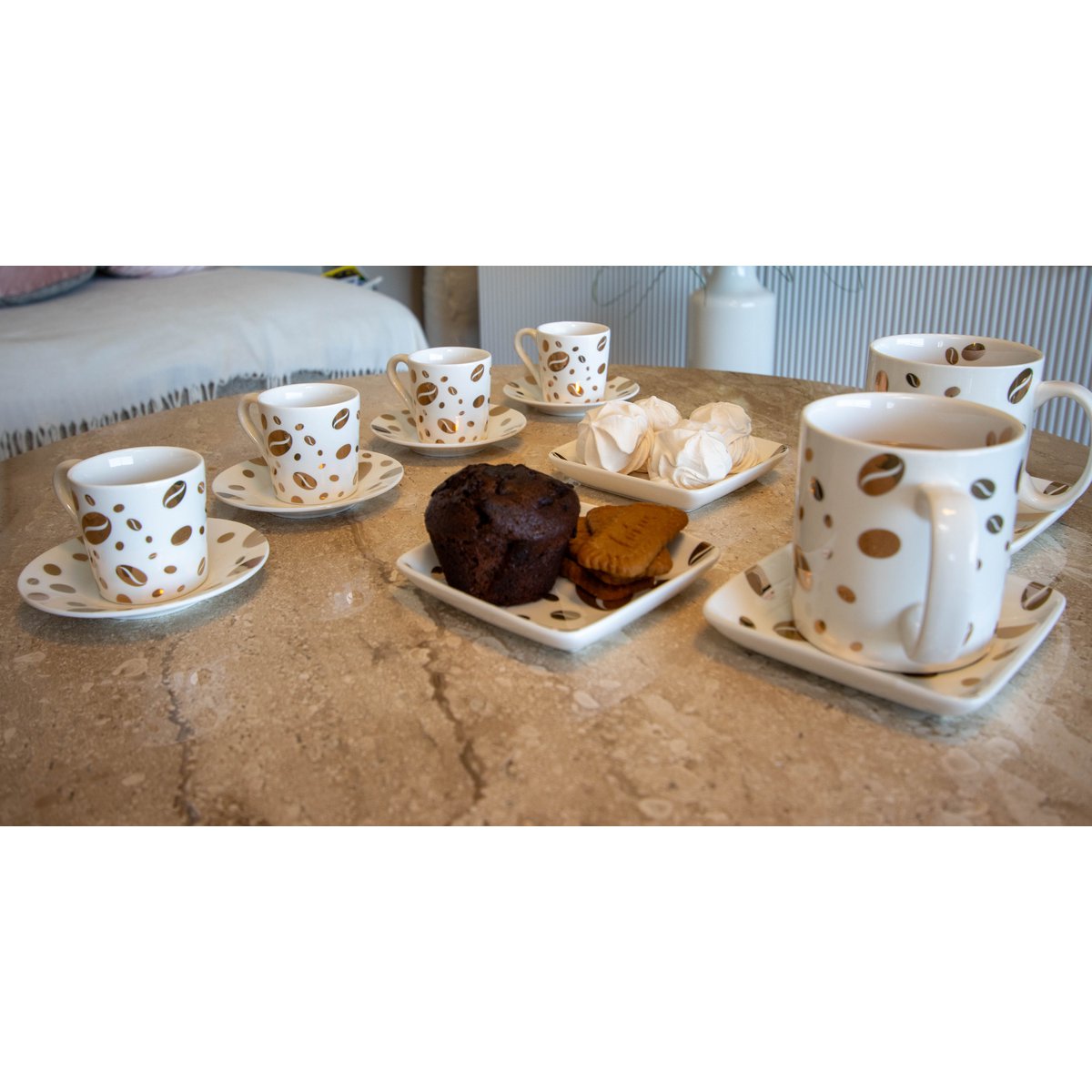 Mok “Grain de Café” – Set van 4 – Luxe – Porselein – Wit & Goud – 360 ml