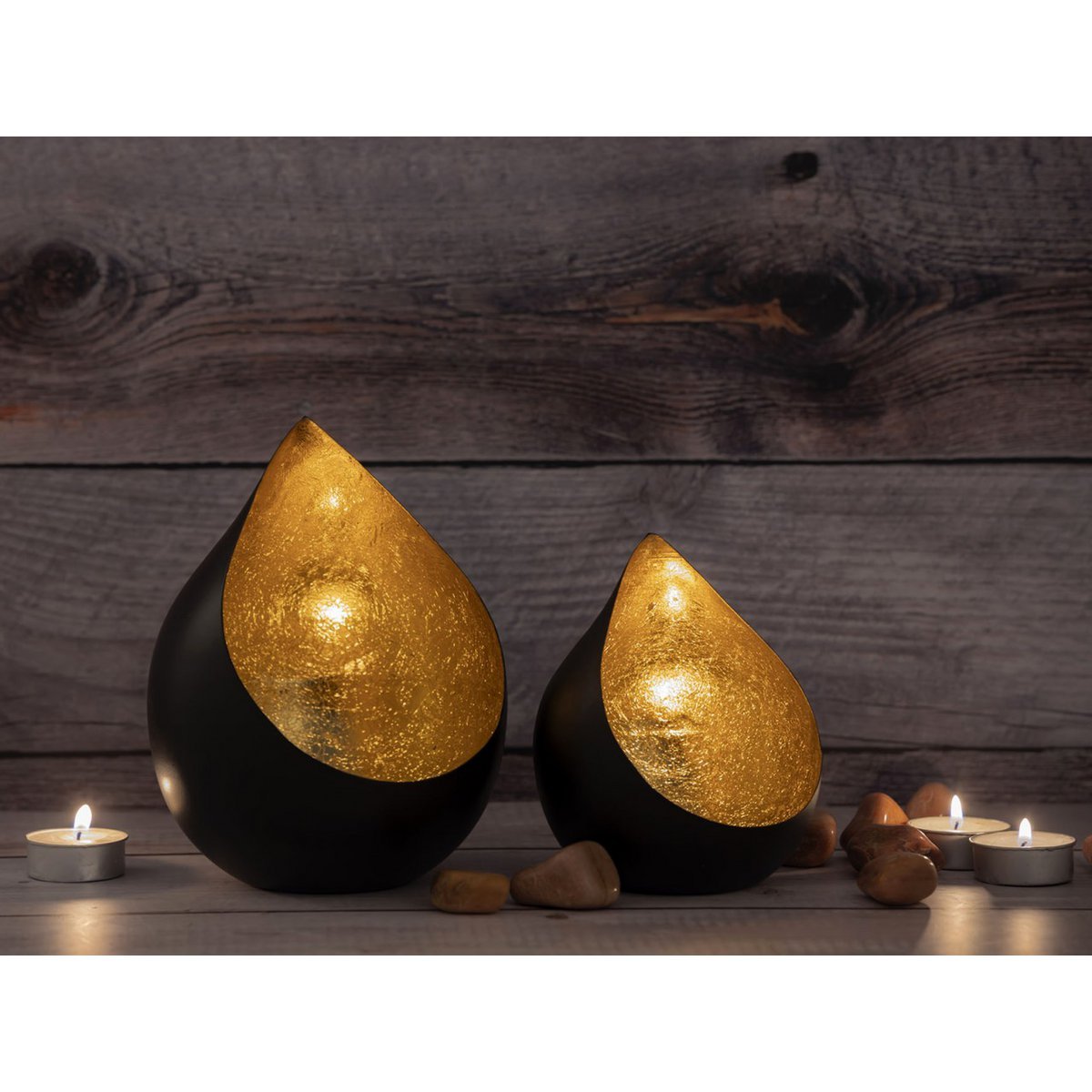 Handgemaakte Theelichthouders – Zwart & Goud – Set van 2