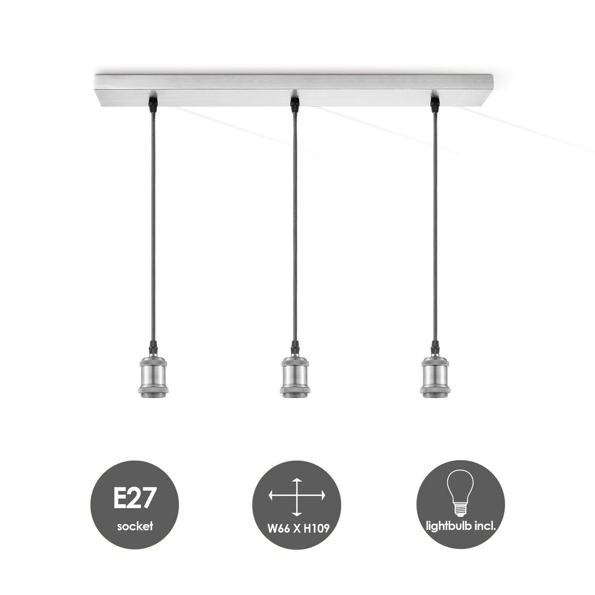 Hanglamp chroom vintage LED 3L G180 dimbaar E27 rook