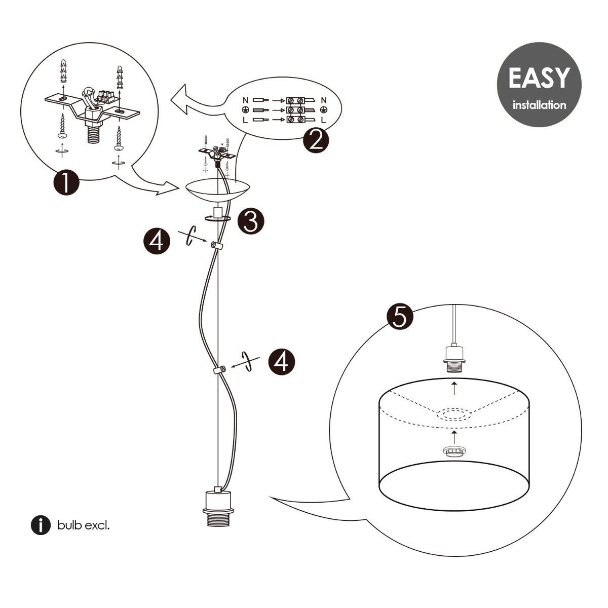 Hanglamp Deluxe met lampenkap, E27, zwart, 35cm