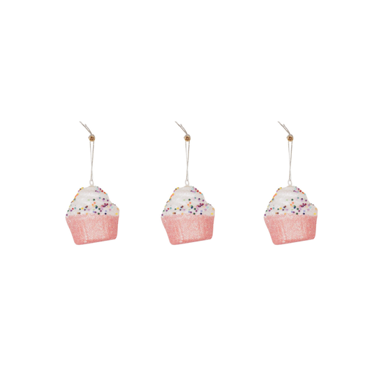 Kersthangers- 3 Cupcakes-Schuim-Roze/Disco Dip- S3- 6cm