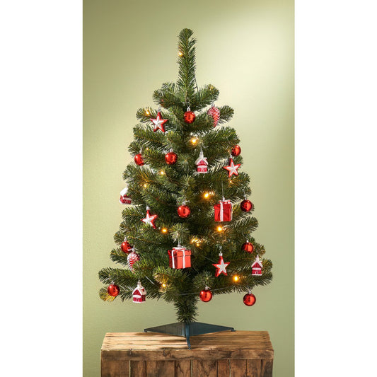 Joy Kunstkerstboom met 26 Ornamenten en LED Verlichting - H90 x Ø50 cm - Groen, Rood