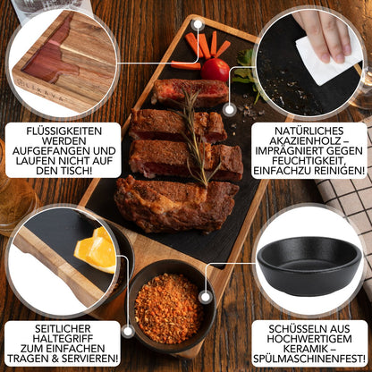 Serving Board 2 set gemaakt van FSC® Acacia Wood met leisteenplaten + 4x sauzenschaal