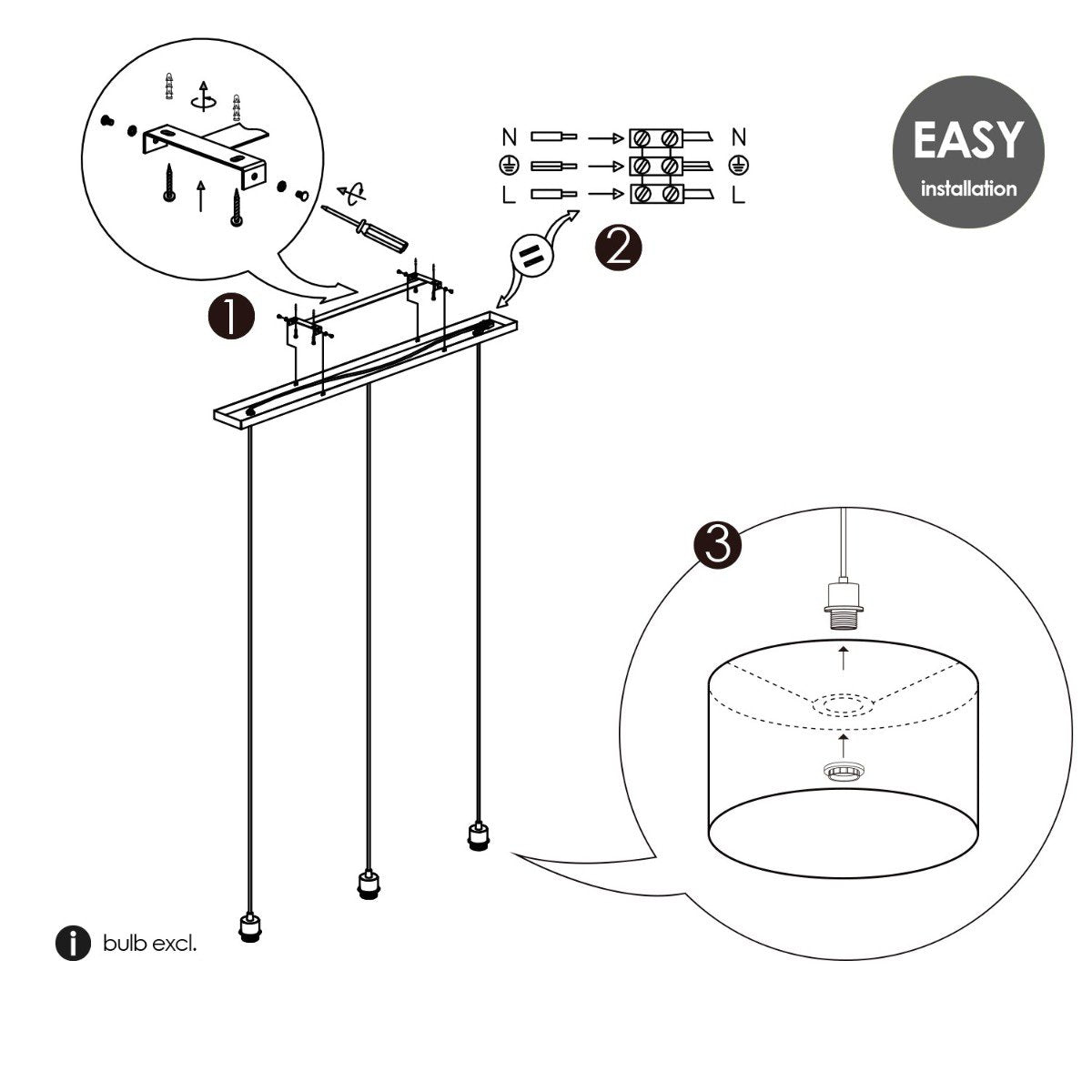 Hanglamp Beam 3L, E27, zwart Lampenkap, 25cm