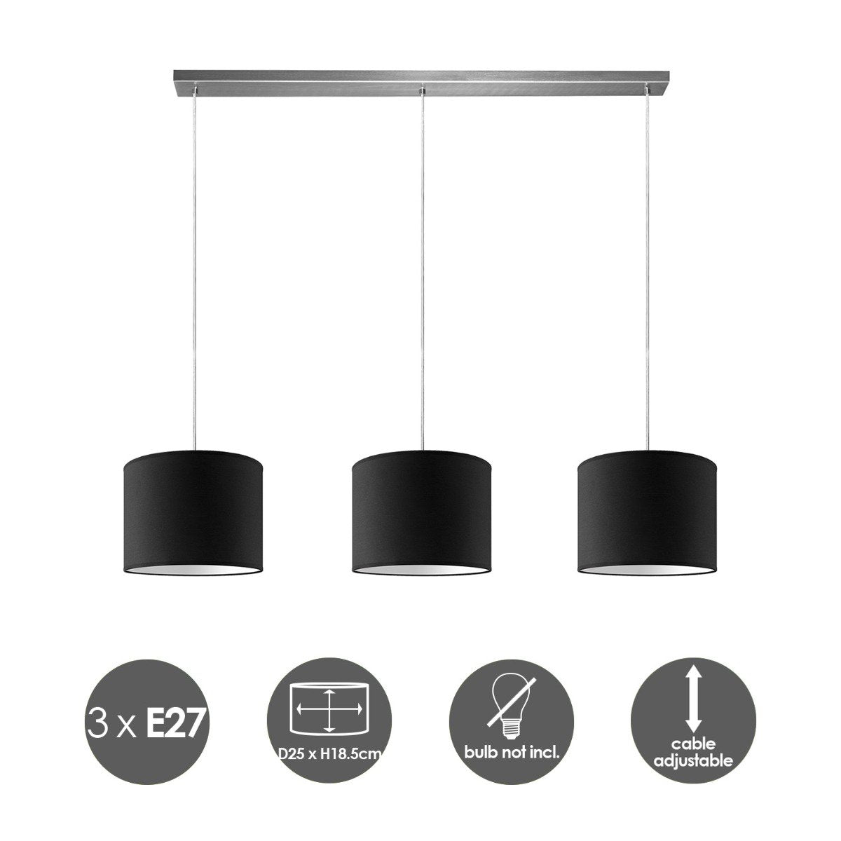 Hanglamp Beam 3L, E27, zwart Lampenkap, 25cm