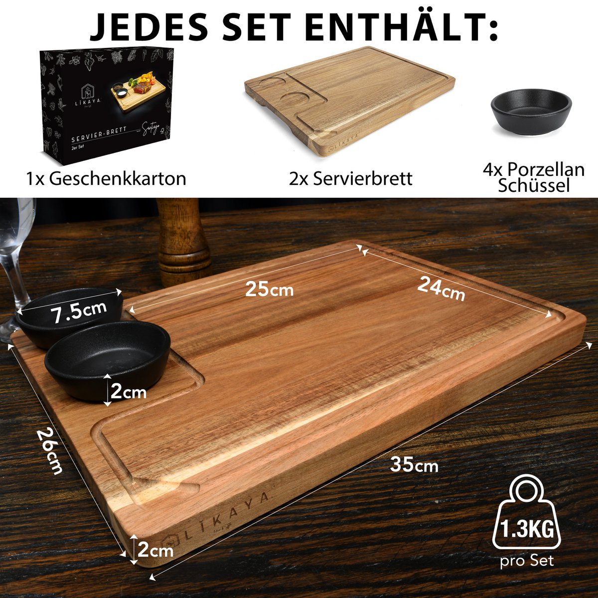 Serving plate XXL 'Santiago' 2 Set made of FSC®-certified Acacia Wood with sauce bowls