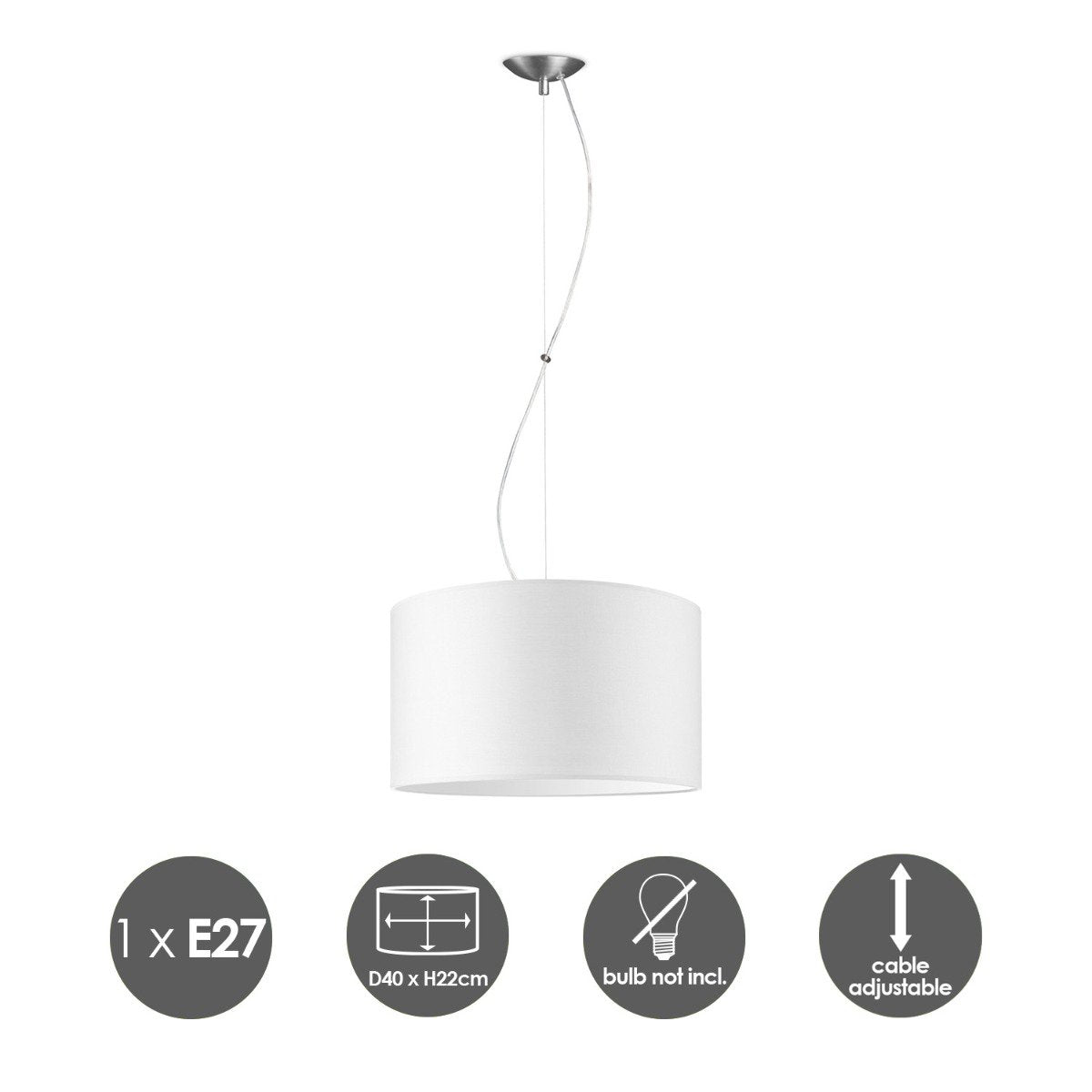 Hanglamp Deluxe met lampenkap, E27, wit, 40cm