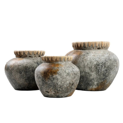 De Styly Terracotta Vaas met Raffia Detail - Antiek Grijs - M