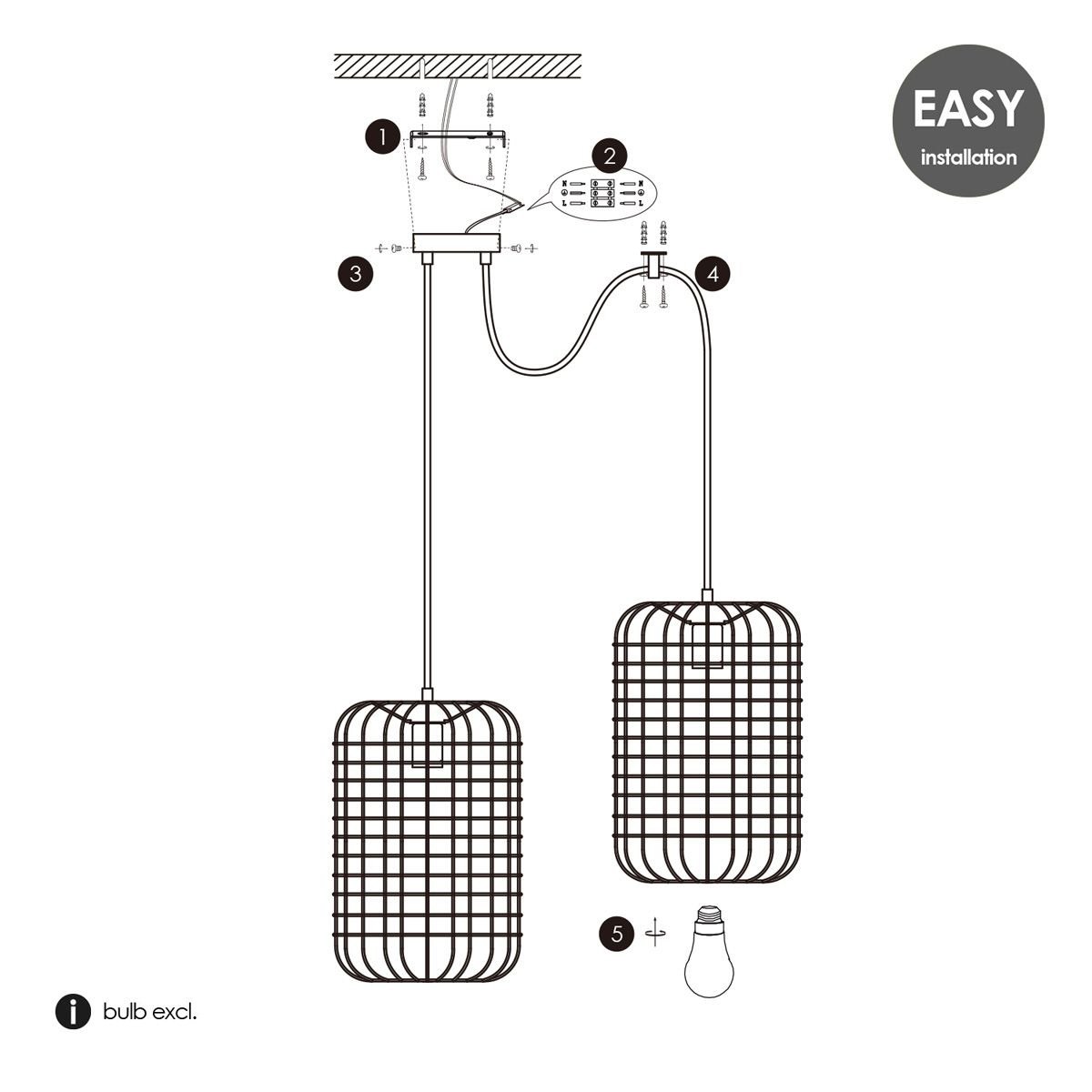 Hanglamp Netting 2 lichts - Zwart - 32x32x127cm