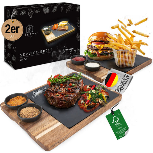 Serveerset XXL 'Domingo' – Set van 2 - Luxe Serveerplank van FSC® Acaciahout met Leisteen | Duurzaam & Elegant
