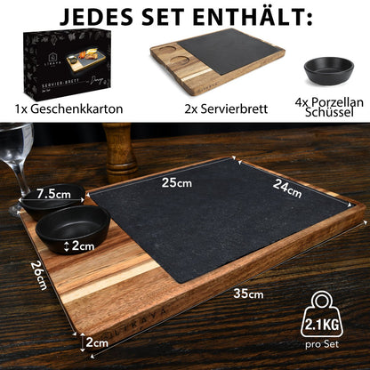 Serveerset XXL 'Domingo' – Set van 2 - Luxe Serveerplank van FSC® Acaciahout met Leisteen | Duurzaam & Elegant