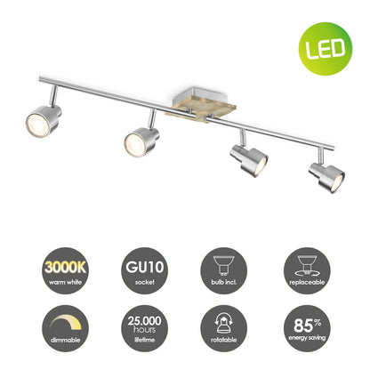 LED Surface-mounted spotlight Drift 4 - incl. dimmable LED lamp - wood