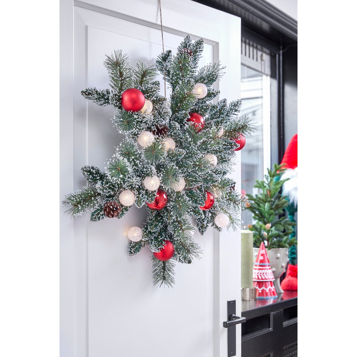 Kaprun Kerstkrans Ster met Warm Witte LED Verlichting - Ø90 cm - Groen Frosted, Rood