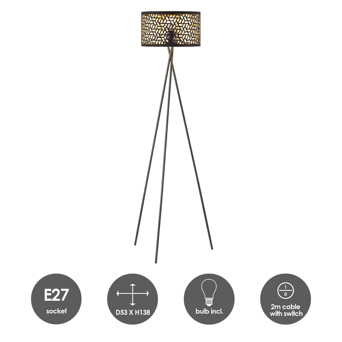 Moderne Vloerlamp - Lampenkap zwart goud - 53x53x138