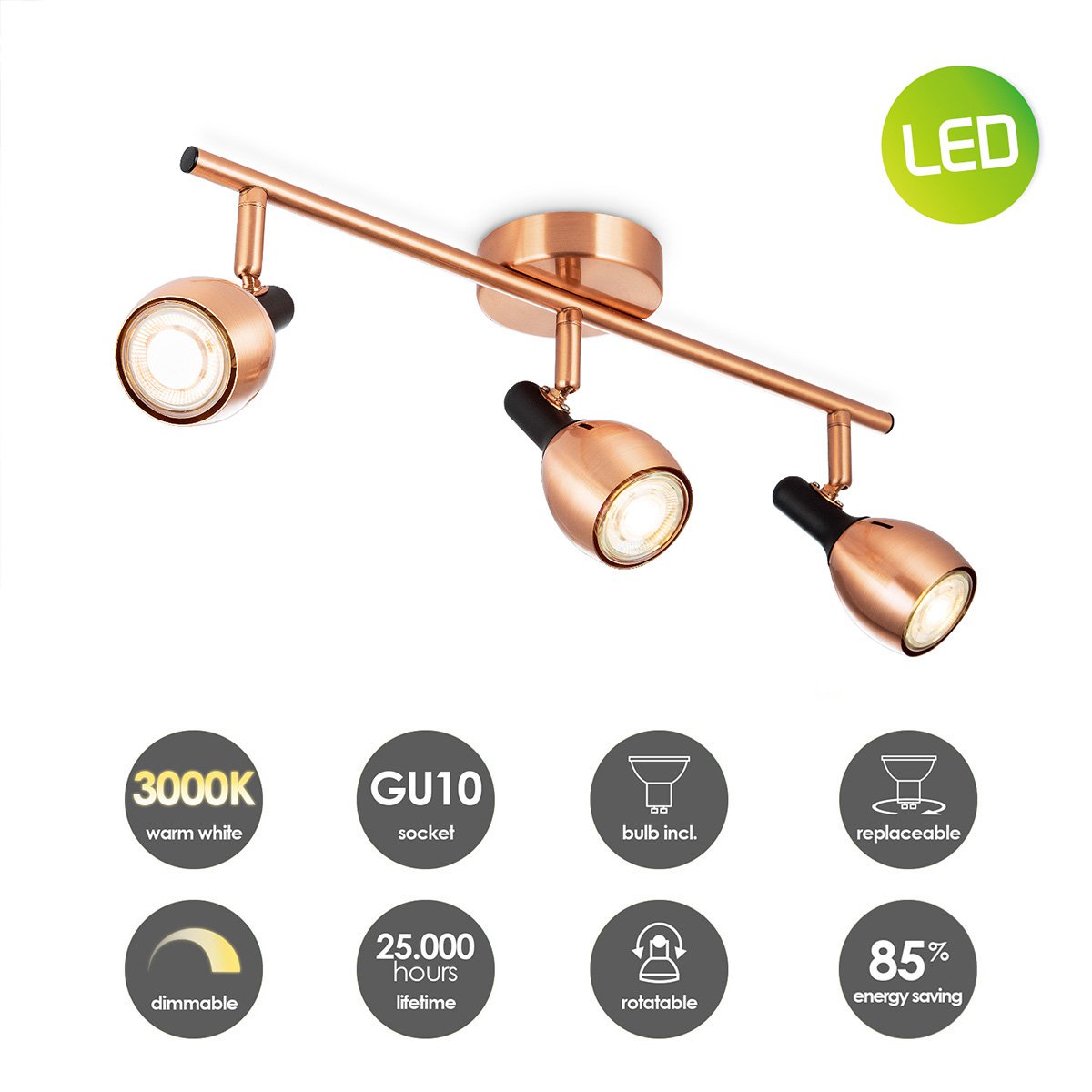 LED Opbouwspot Novi 3 - incl. dimbare LED lamp - Koper