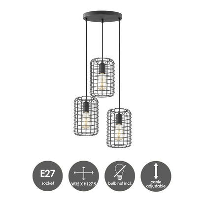 Hanging lamp Netting 3 lights - Black - 32x32x127cm