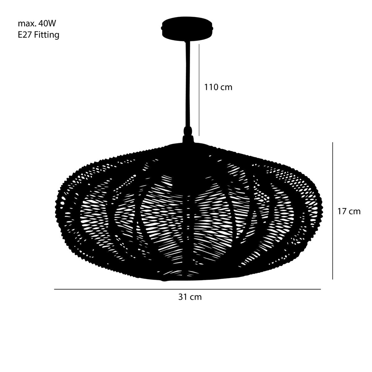 Kanti Hanglamp - H17 x Ø31 cm - Metaal - Zwart