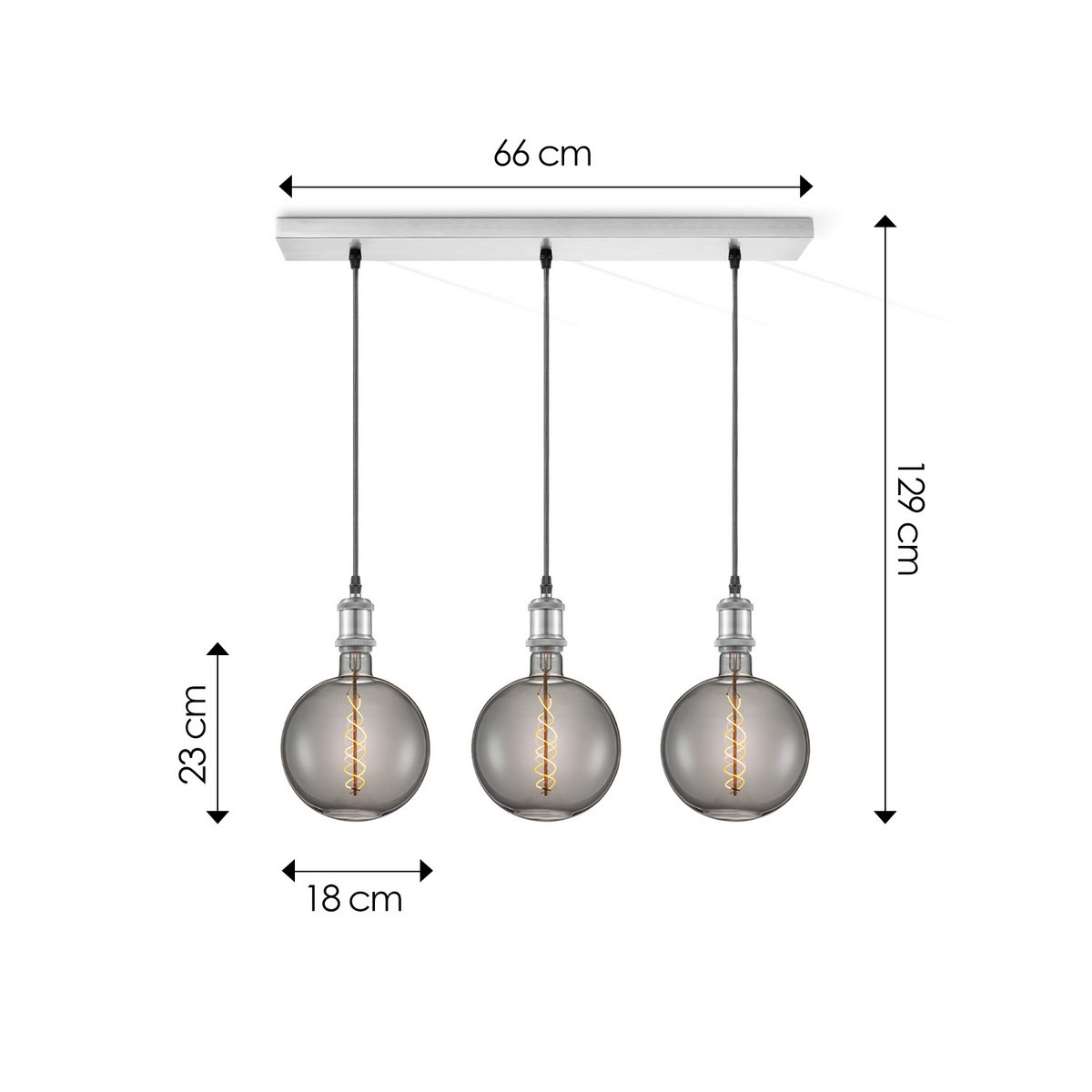 Hanglamp chroom vintage LED 3L G180 dimbaar E27 rook