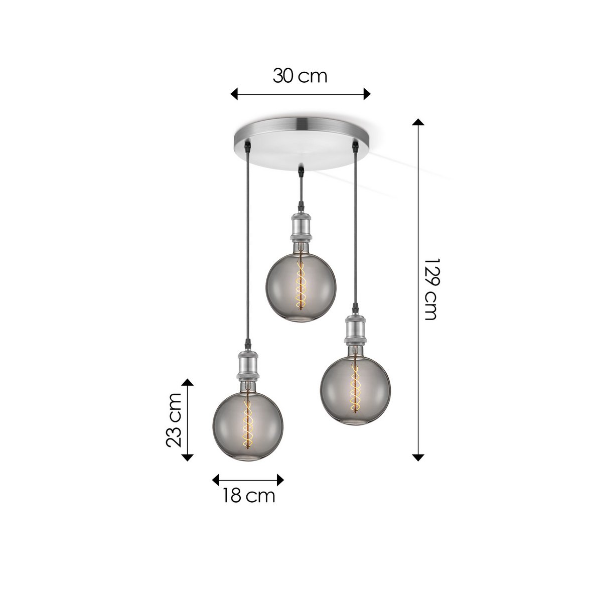 Hanglamp chroom vintage rond 3L G180 dimbaar E27 rook