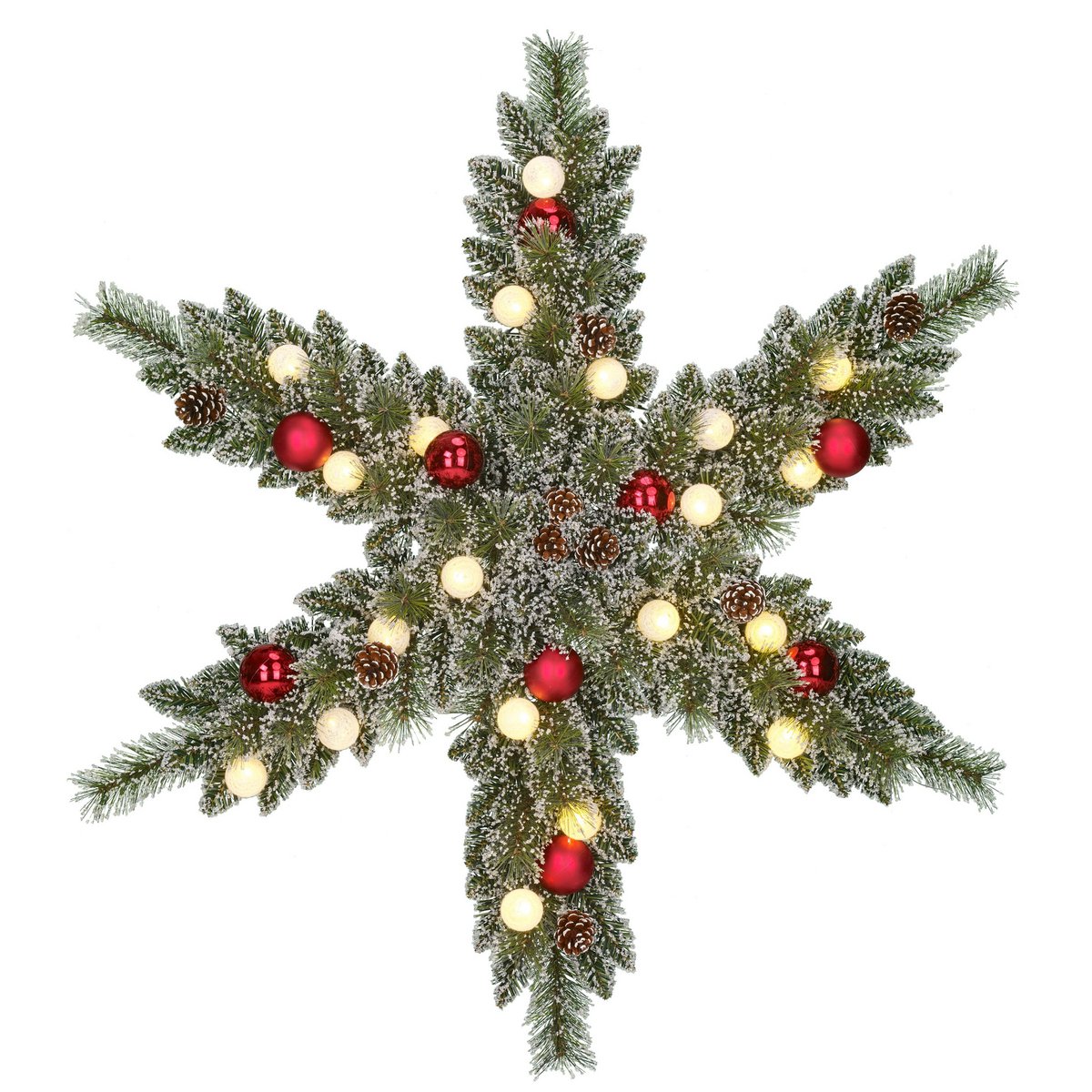 Kaprun Kerstkrans Ster met Warm Witte LED Verlichting - Ø90 cm - Groen Frosted, Rood