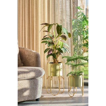 Danube Flower Pot on Stand - Set of 2 - Metal - H45 x Ø23 cm - Light Green, Gold