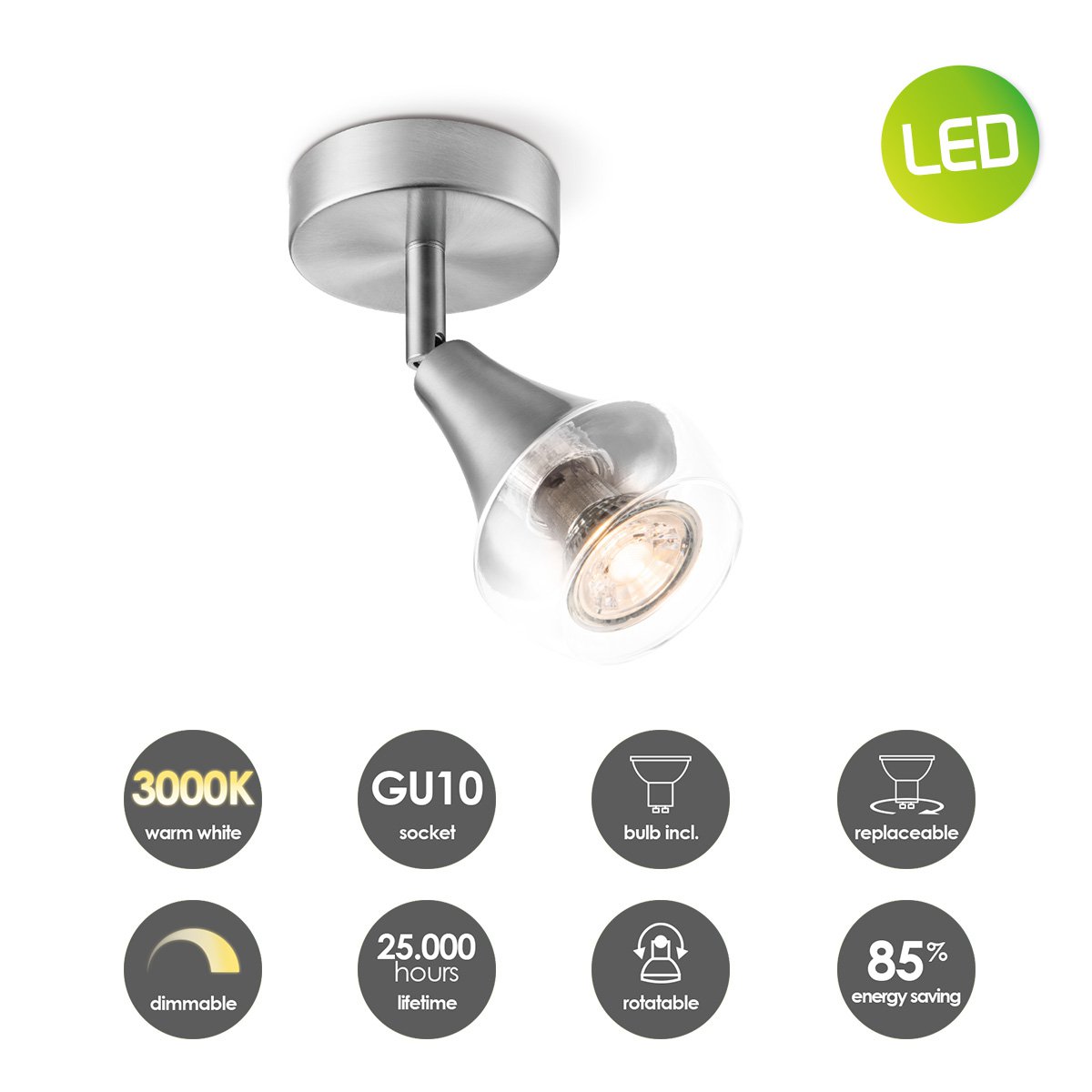 LED Wandspot Vaya - incl. dimbare LED lamp - staal