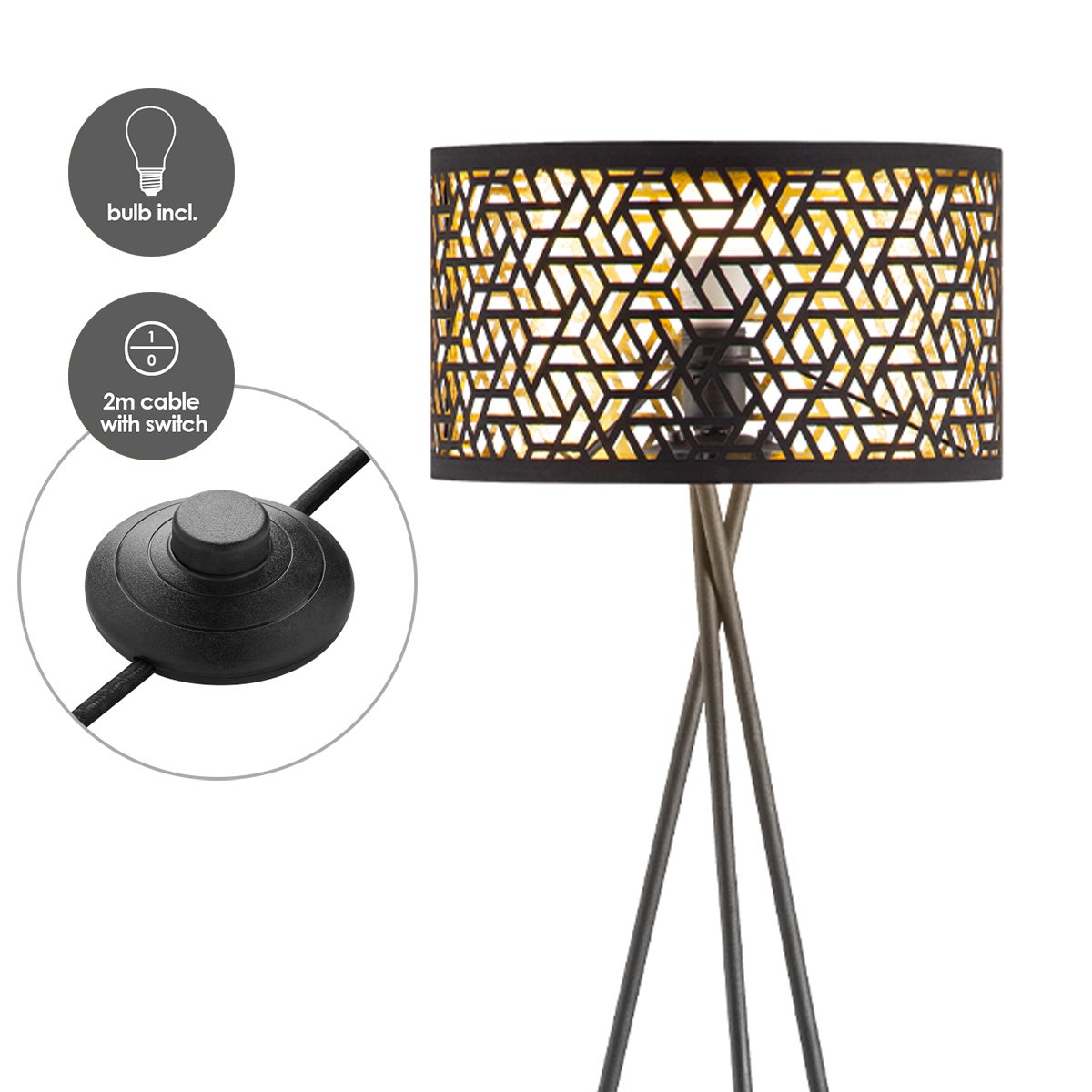 Moderne Vloerlamp - Lampenkap zwart goud - 53x53x138