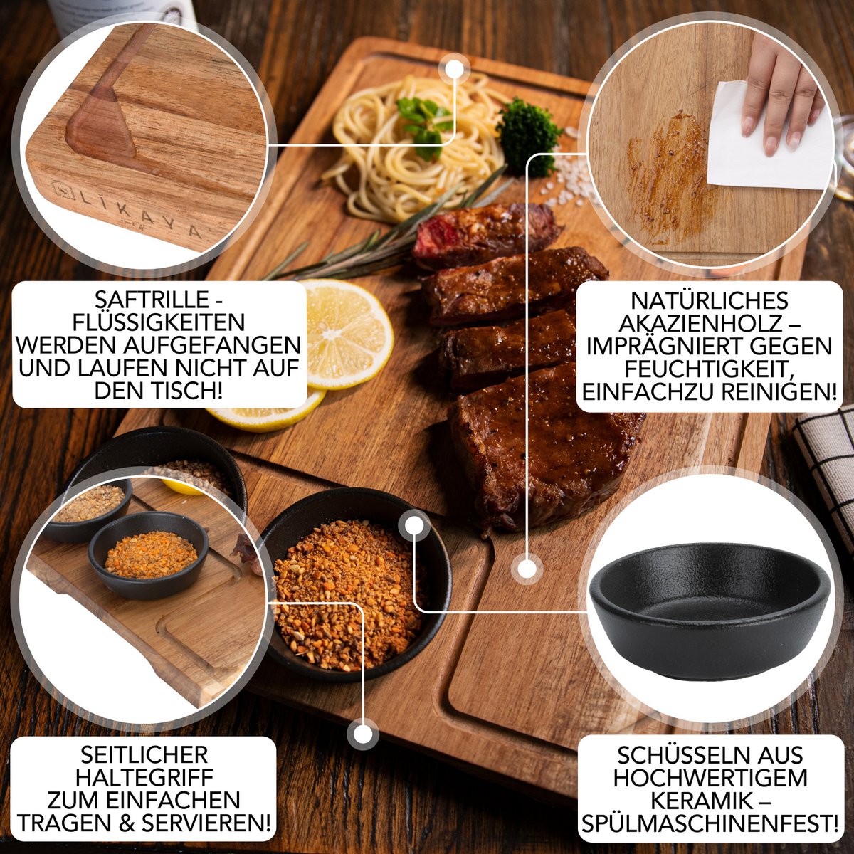 Serving plate XXL 'Santiago' 2 Set made of FSC®-certified Acacia Wood with sauce bowls