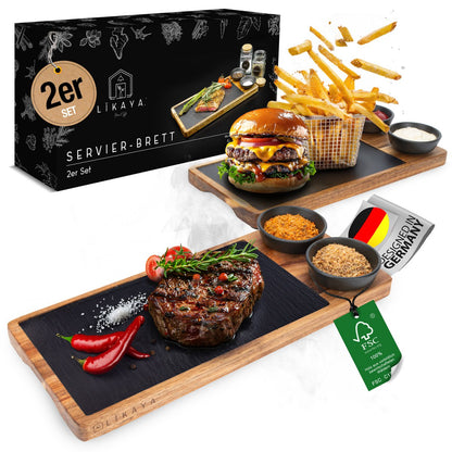 Serving Board 2 set gemaakt van FSC® Acacia Wood met leisteenplaten + 4x sauzenschaal
