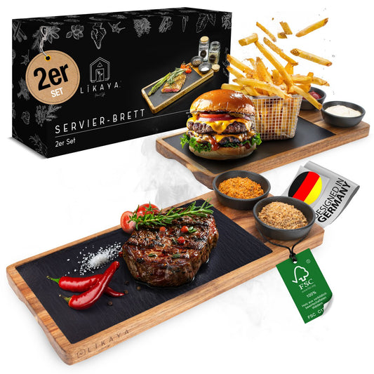 Serving Board 2 set gemaakt van FSC® Acacia Wood met leisteenplaten + 4x sauzenschaal