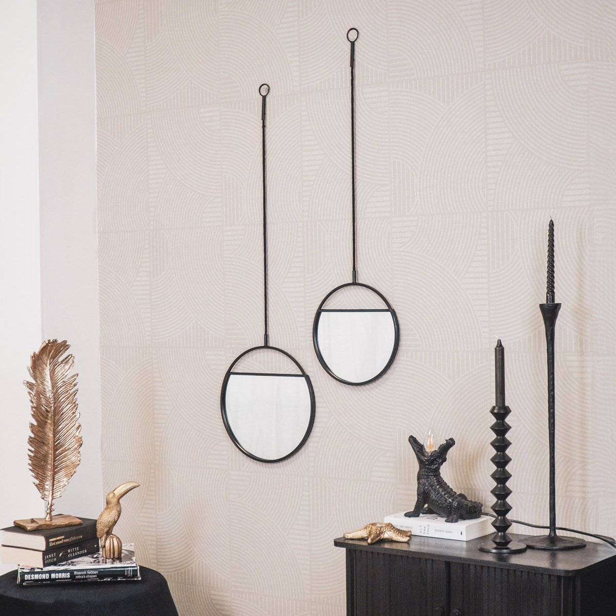 Mirror - Round Wall Mirrors - Metal - Black -S2- 25x90 &amp; 30x100