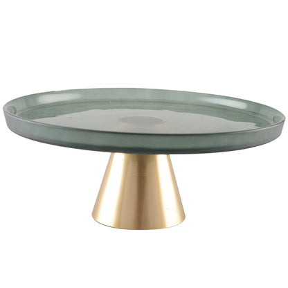 Groene Taartschaal op Voet – Goud Accent – Glas 28 cm |woon-meubel.nl