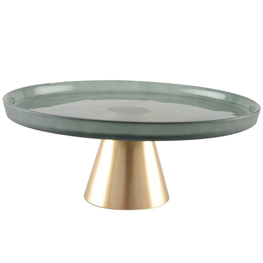 Groene Taartschaal op Voet – Goud Accent – Glas 28 cm |woon-meubel.nl