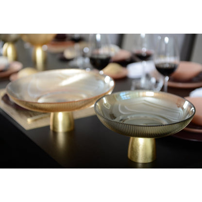 Aulica Fruit Bowl on Gold Foot – Faceted Smoked Ribbed Glass – Ø25 cm